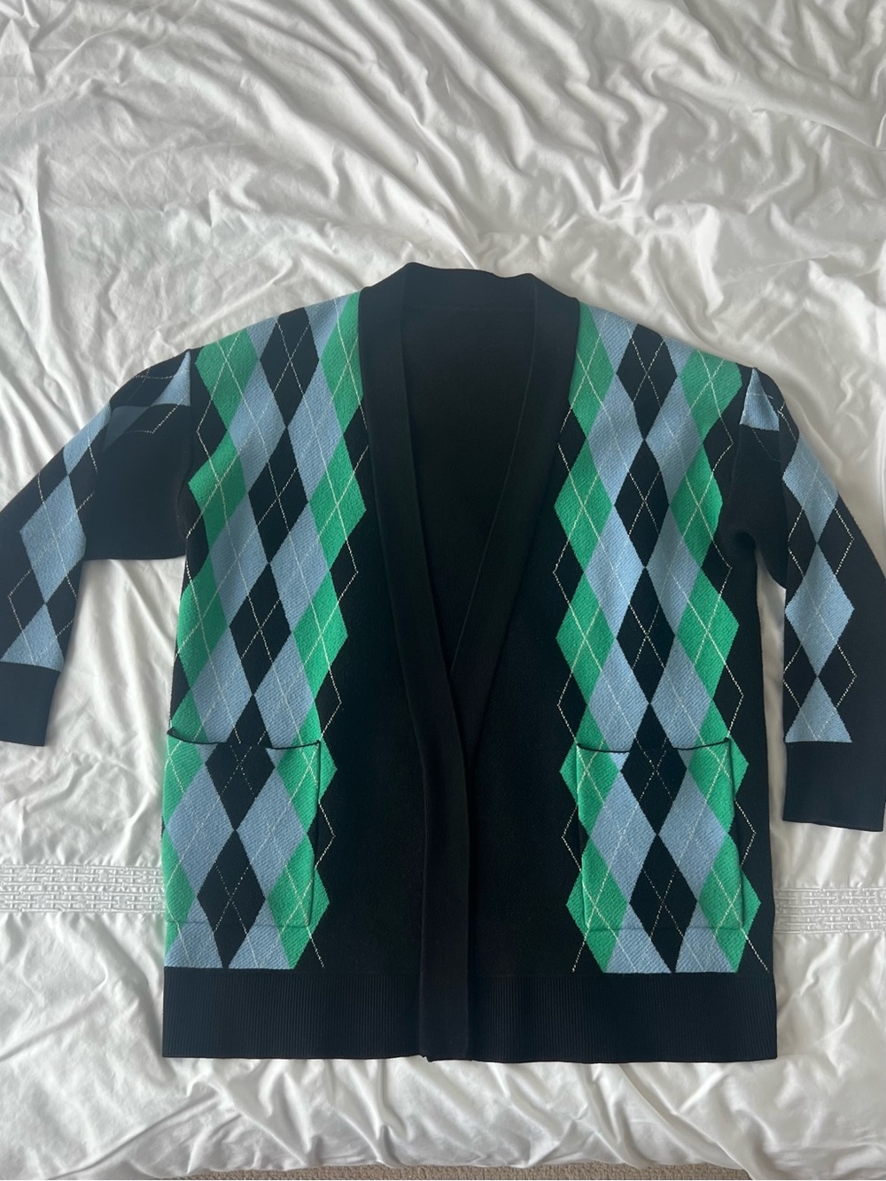 Sandro Paris Prince Argyle Long Cardigan – Blue/Green/Black - size S